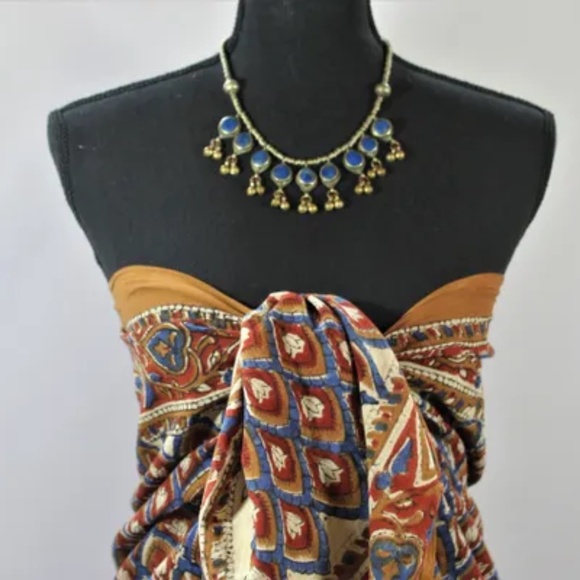 Versatile India Print on 100% Cotton Fabric, Brown, Off-White, Red and Blue - Picture 3 of 6